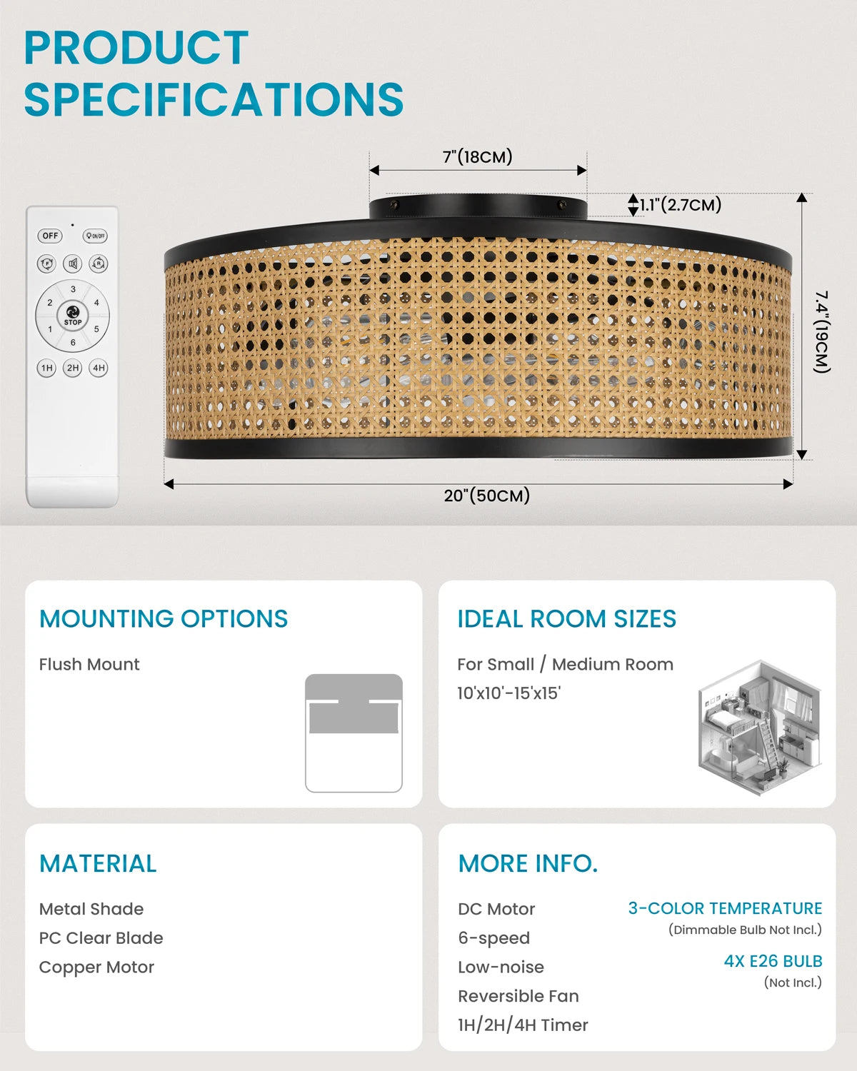 20" Flush Mount Ceiling Fan with Light & Remote Control, Drum Shade, Bladeless/Quiet Motor/Low Profile, for Kitchen Bedroom