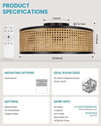20" Flush Mount Ceiling Fan with Light & Remote Control, Drum Shade, Bladeless/Quiet Motor/Low Profile, for Kitchen Bedroom