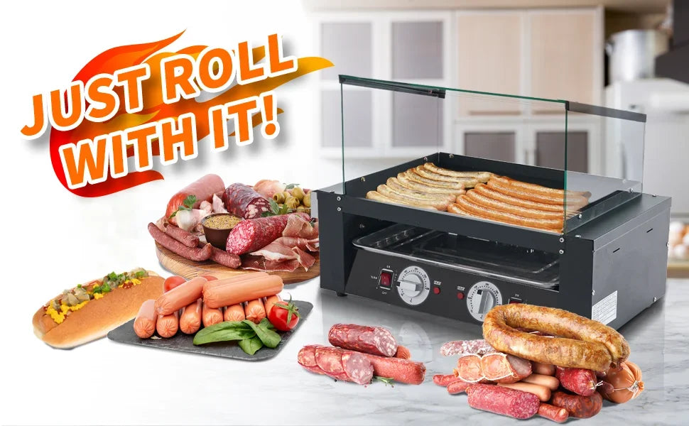1400W Hot Dog Roller Machine Stainless Hotdog Roller Grill with Glass Guard LED Warm Light for Commercial BBQ (7 Rollers)