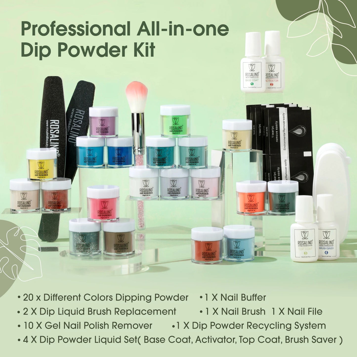 ROSALIND 29PCS Dip Nails Powder Starter Kit, 20 Colors Dip Powder Nail Kit Red Green Orange Glitter Series Nail Dip Powder Color