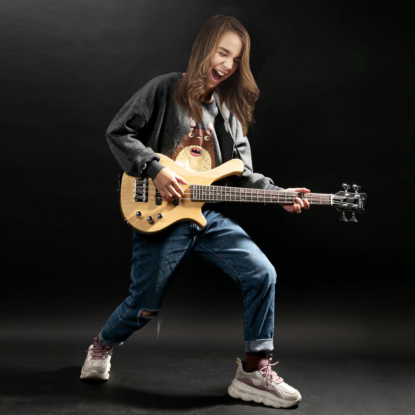 Glarry GW101 36in Small Scale Electric Bass Guitar Suit With Mahogany Body SS Pickups, Guitar Bag, Strap, Cable Burlywood