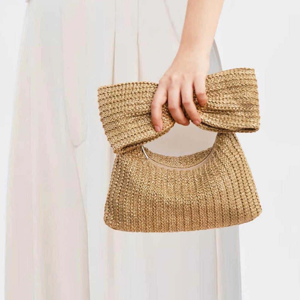 Women Weaving Clutch Bag Zipper Closure with Bow Simple Clutch Purse Versatile Female Party Wedding Bag