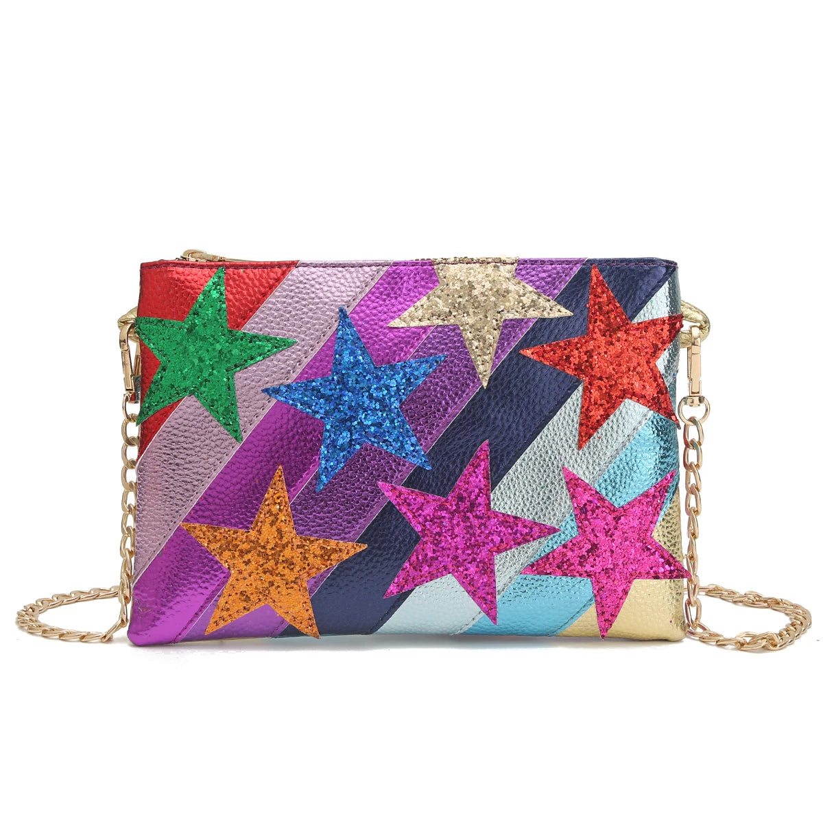 Women's Metallic PU Leather Square Clutch Funky Stars Applique Colorful Stripes Metal Chain Shoulder Handbag Party Dating Gift