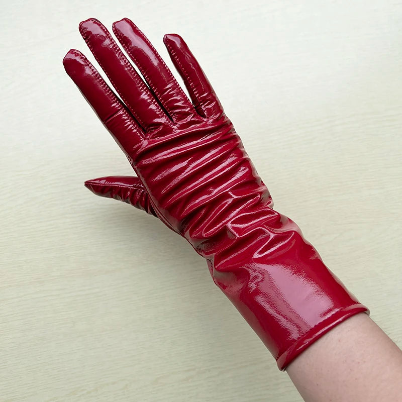Long Gloves For Women Spring Winter Male Patent Leather Fashion Catwalk Motorcycle Riding Luvas Brilliant Warm Arm Warmer Gants