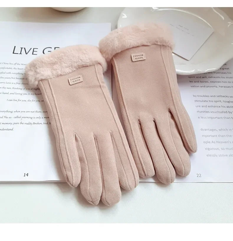 Women Winter Thick Plush Gloves Fashion Warm Suede Outdoor Guantes Lady Touchscreen Driving Gloves Sports Cycling Mittens
