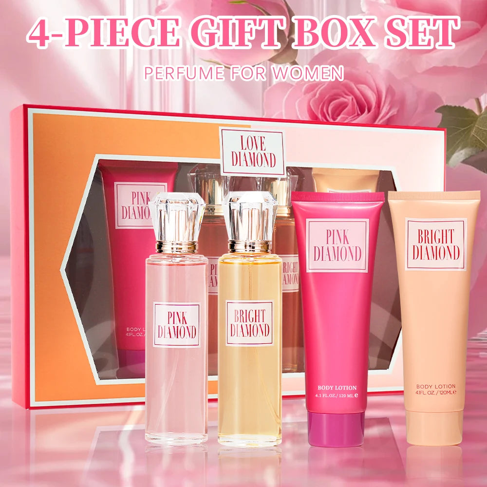 Women's Fragrance Sets 2 Pc 3.4fl.oz Eau de Parfum Spray and 2 Pc 4.1fl.oz Body Cream PINK DIAMOND 4 Pcs Gifts for Women EDP