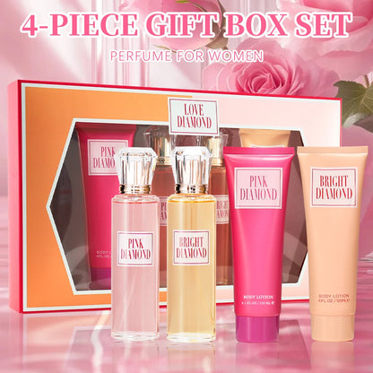 Women's Fragrance Sets 2 Pc 3.4fl.oz Eau de Parfum Spray and 2 Pc 4.1fl.oz Body Cream PINK DIAMOND 4 Pcs Gifts for Women EDP