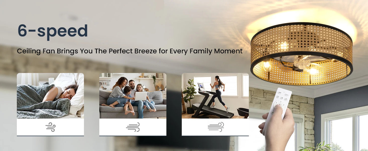 20" Flush Mount Ceiling Fan with Light & Remote Control, Drum Shade, Bladeless/Quiet Motor/Low Profile, for Kitchen Bedroom