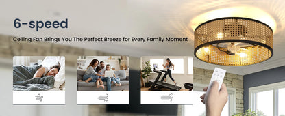 20" Flush Mount Ceiling Fan with Light & Remote Control, Drum Shade, Bladeless/Quiet Motor/Low Profile, for Kitchen Bedroom