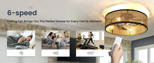 20" Flush Mount Ceiling Fan with Light & Remote Control, Drum Shade, Bladeless/Quiet Motor/Low Profile, for Kitchen Bedroom