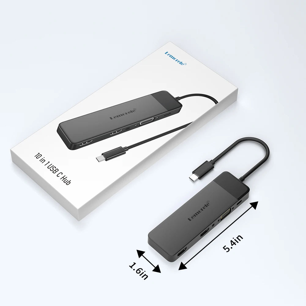 Lemorele USB-C Hub 10Ports Docking Station USB Type C to Dual HDMI 4K 30Hz VGA USB 3.0 Adapter PD100W SD Card Reader for MacBook