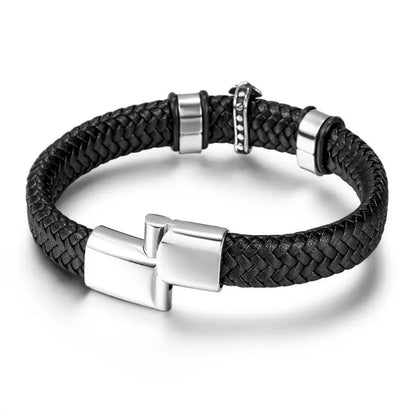 Men's Fashion Classic Black Woven Leather Inlaid Cross Magnetic Hidden Safety Buckle Business Casual Gift Bracelet