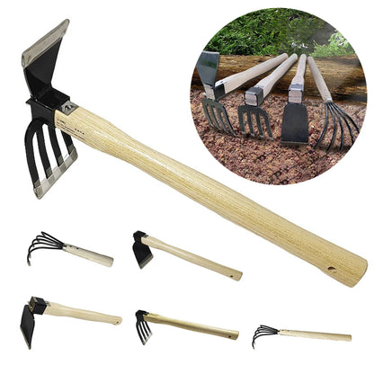 Garden Hand Rake Tool with Wooden Handle Dual-purpose Hoe Garden Hand Hoe & Tiller for Digging Weeding Gardening and Cultivating
