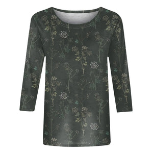 Female Clothing Delicate Fashion Shirts Floral Round Neck 3/4 Sleeves Printed Summer Women Pullover Daily Wear Vetement Femme