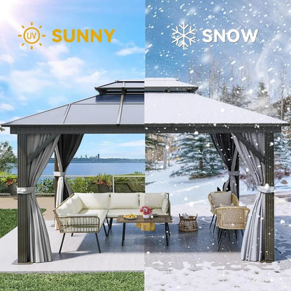 10x12FT Hardtop Gazebo Outdoor Polycarbonate Patio Canopy with Double Top, Galvanized Iron and Aluminum Structure, Garden Tent