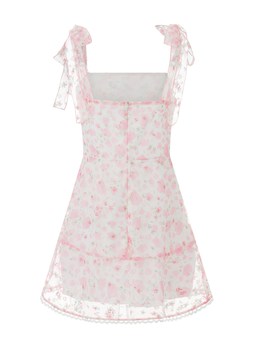 Women Summer Casual Dress Floral Print Tie-Up Shoulder Strap Mini Dress Fashion Double Layer Backless Cami Dress