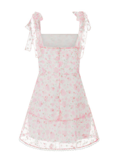 Women Summer Casual Dress Floral Print Tie-Up Shoulder Strap Mini Dress Fashion Double Layer Backless Cami Dress