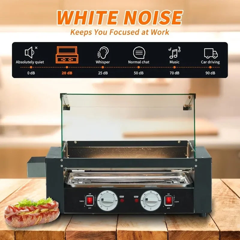 1400W Hot Dog Roller Machine Stainless Hotdog Roller Grill with Glass Guard LED Warm Light for Commercial BBQ (7 Rollers)