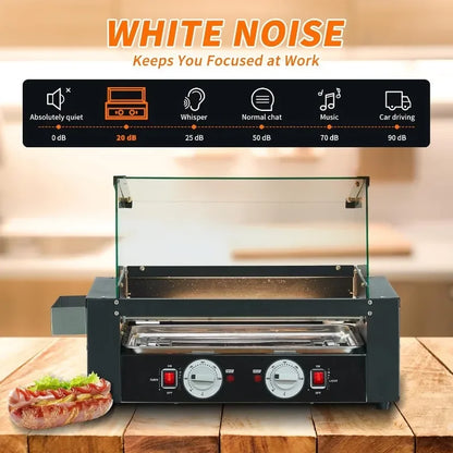 1400W Hot Dog Roller Machine Stainless Hotdog Roller Grill with Glass Guard LED Warm Light for Commercial BBQ (7 Rollers)