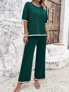 High Quality Elegant Women Clothing 2024 Temperament Casual Solid Color Knitted Shite Sleeved Suit Sweatpants Wide Leg Pants Y2k