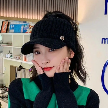 Women Hats 2022 New Autumn Winter Warm Rabbit Knitted Hats Outdoor Sports Golf Ponytail Hat Baseball Caps Empty Top Caps 1PC