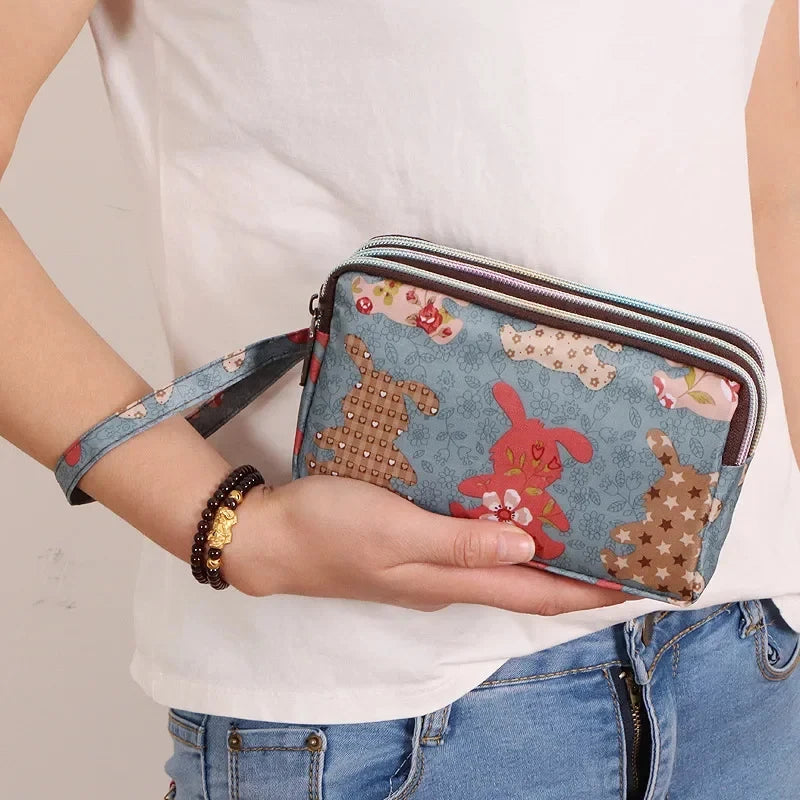 Fashion Women's Clutches Three-layer Zipper Waterproof Nylon Colorful Printed Wristlet Bag Key Coin Purse Wallet Phone Holder