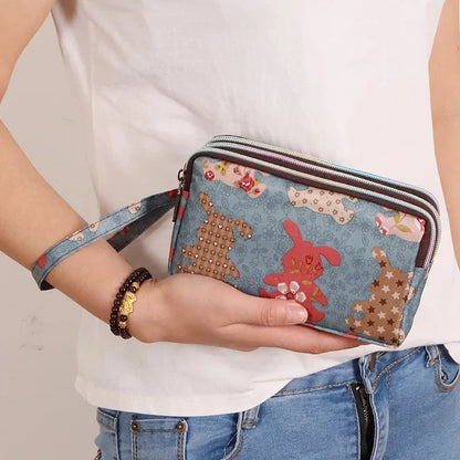 Fashion Women's Clutches Three-layer Zipper Waterproof Nylon Colorful Printed Wristlet Bag Key Coin Purse Wallet Phone Holder