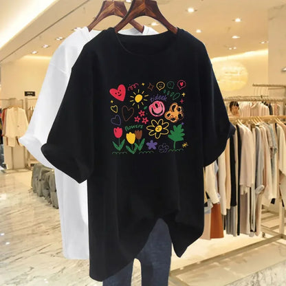 Women Clothing Chic Hand-painted Printing Basic T-shirt Summer Fashion Pure Round Neck Short Sleeve Tees Casual Loose Top Y2K