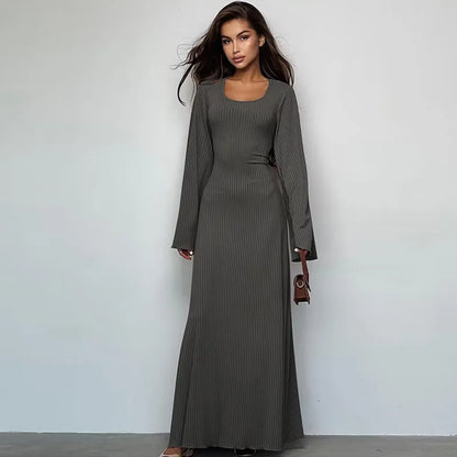 Women's clothing 2025 autumn new product fashionable loose U-neck back tied long sleeved dress