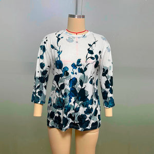 Female Clothing Delicate Fashion Shirts Floral Round Neck 3/4 Sleeves Printed Summer Women Pullover Daily Wear Vetement Femme