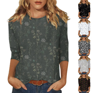 Female Clothing Delicate Fashion Shirts Floral Round Neck 3/4 Sleeves Printed Summer Women Pullover Daily Wear Vetement Femme