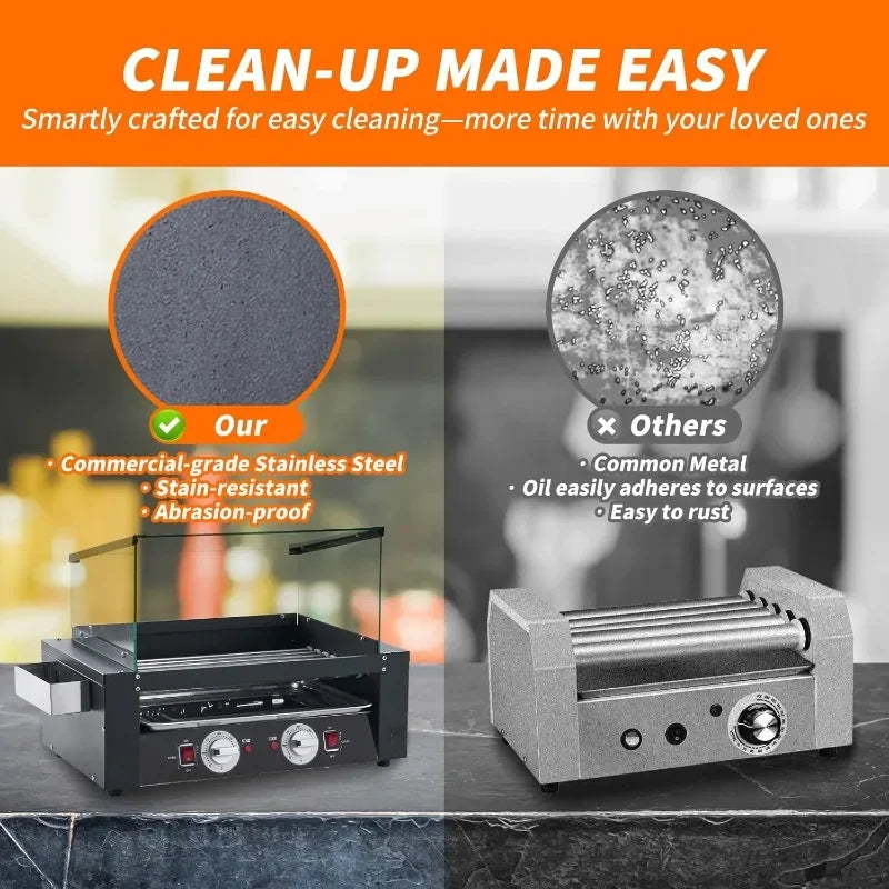 1400W Hot Dog Roller Machine Stainless Hotdog Roller Grill with Glass Guard LED Warm Light for Commercial BBQ (7 Rollers)