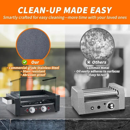 1400W Hot Dog Roller Machine Stainless Hotdog Roller Grill with Glass Guard LED Warm Light for Commercial BBQ (7 Rollers)