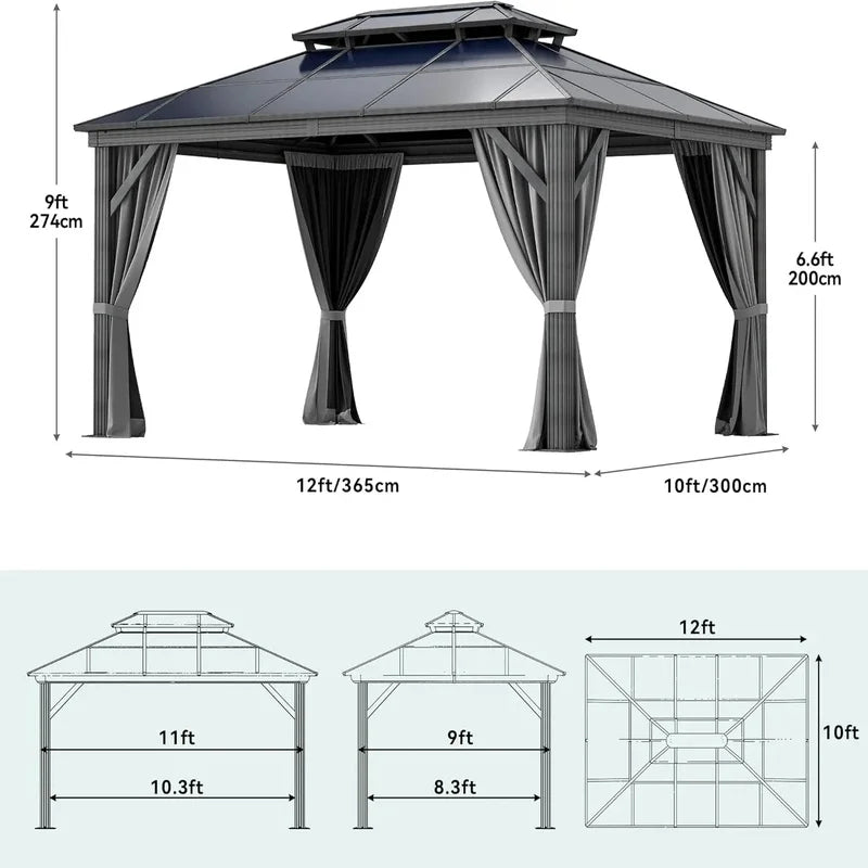 10x12FT Hardtop Gazebo Outdoor Polycarbonate Patio Canopy with Double Top, Galvanized Iron and Aluminum Structure, Garden Tent
