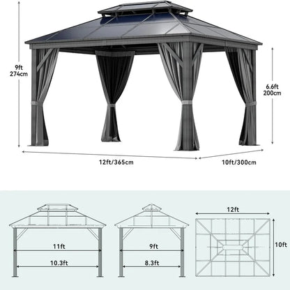 10x12FT Hardtop Gazebo Outdoor Polycarbonate Patio Canopy with Double Top, Galvanized Iron and Aluminum Structure, Garden Tent
