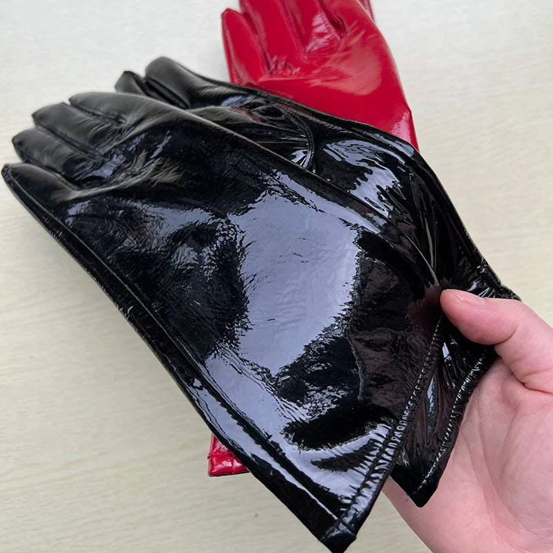 Long Gloves For Women Spring Winter Male Patent Leather Fashion Catwalk Motorcycle Riding Luvas Brilliant Warm Arm Warmer Gants