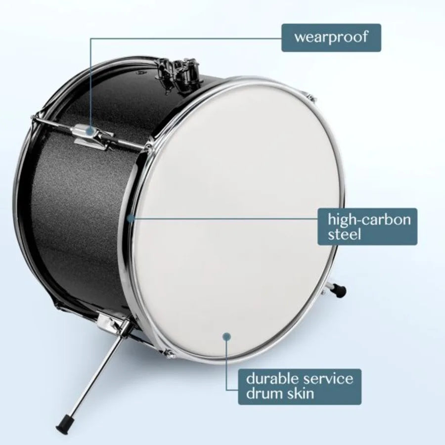 14x10 3Pieces Junior Drum Set Kit Pedal Drum Stick Wrench Drum Stool Black