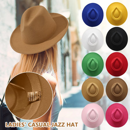 Womens Felt Hat Fedoras Big Brim Hats for Women British Style Vintage Church Hats Lady Flat Brim White Jazz Cap