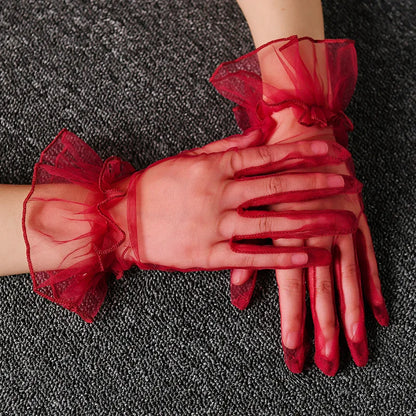 Women Short Tulle Gloves Sexy Lace Mittens Tulle Full Finger Gloves Lady Driving Glove Transparent Mittens Wedding Bridal Gloves