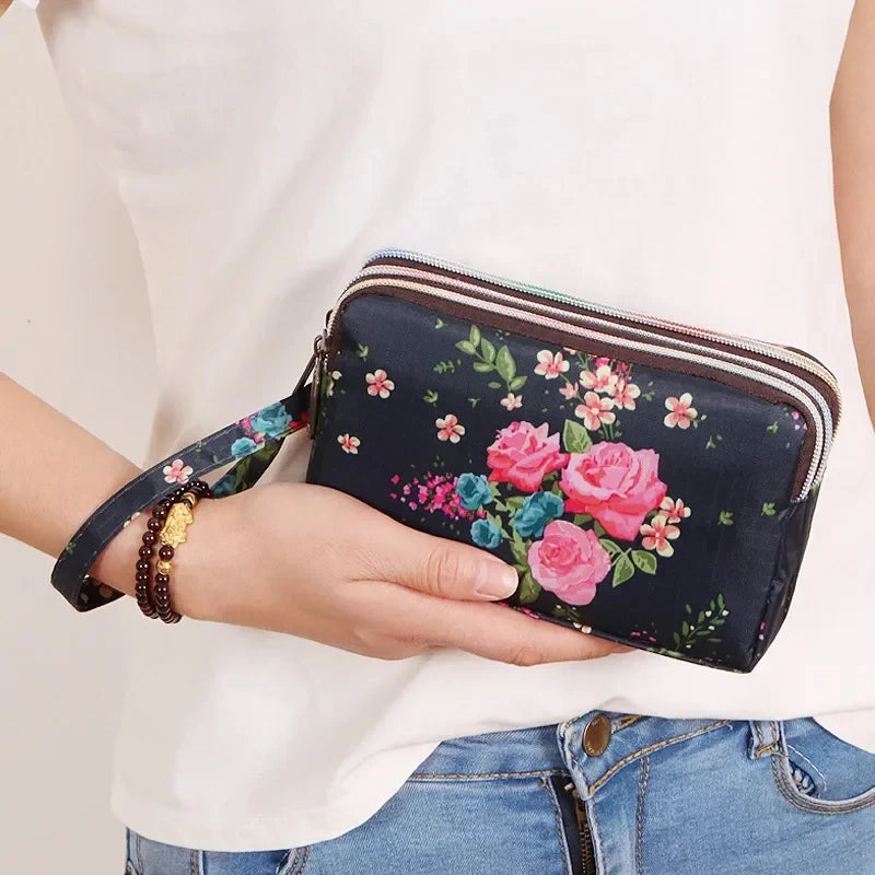 Fashion Women's Clutches Three-layer Zipper Waterproof Nylon Colorful Printed Wristlet Bag Key Coin Purse Wallet Phone Holder
