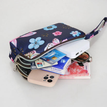 Fashion Women's Clutches Three-layer Zipper Waterproof Nylon Colorful Printed Wristlet Bag Key Coin Purse Wallet Phone Holder