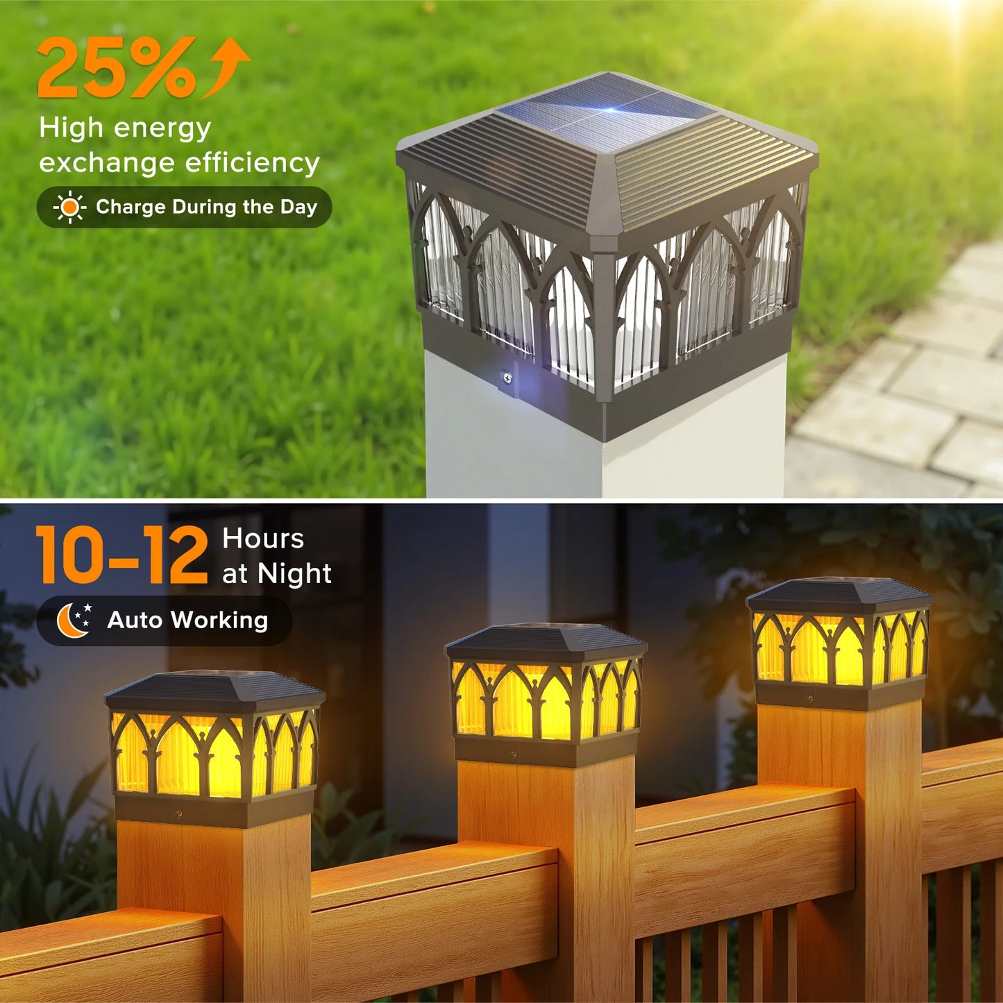4 Pack Solar Flame Post Cap Lights, 2 Modes (Flame/Warm), IPX5, Fit 3.5x3.5/4x4 Posts, for Deck/Fence/Yard, Vinyl/Wooden