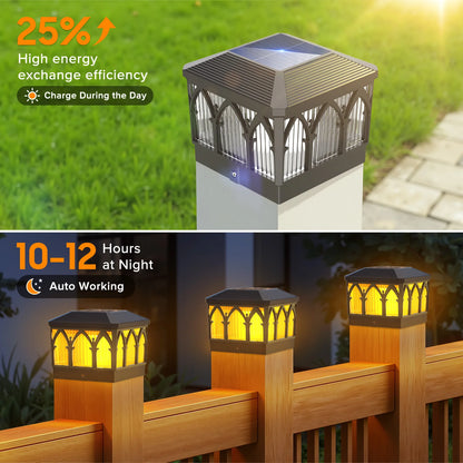 4 Pack Solar Flame Post Cap Lights, 2 Modes (Flame/Warm), IPX5, Fit 3.5x3.5/4x4 Posts, for Deck/Fence/Yard, Vinyl/Wooden