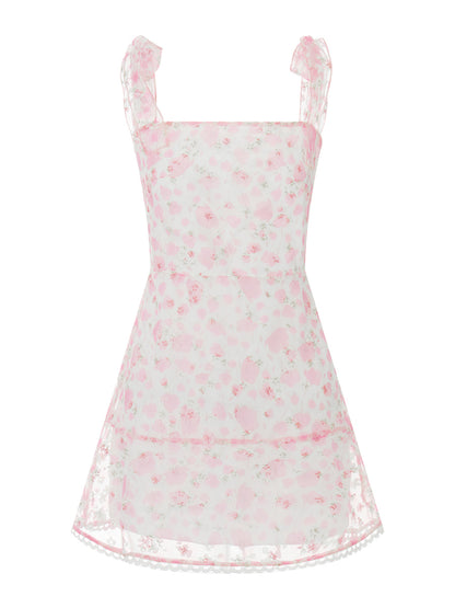 Women Summer Casual Dress Floral Print Tie-Up Shoulder Strap Mini Dress Fashion Double Layer Backless Cami Dress