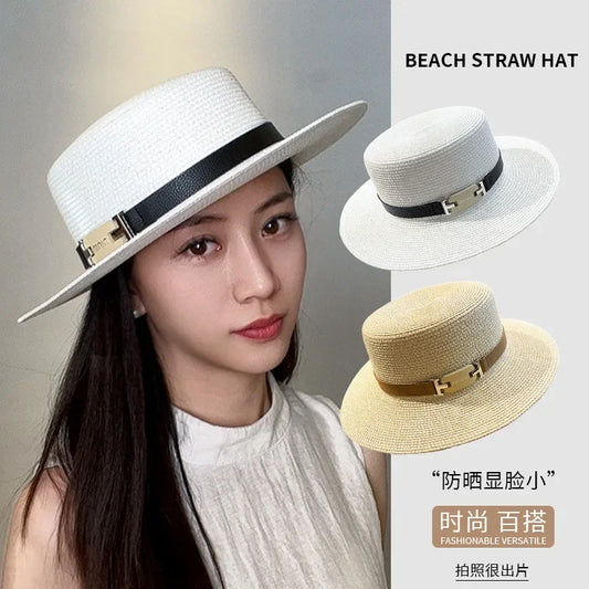Fashion Trend Flat Top Top Hat Womens New Seaside Holiday Sunscreen Sun Hat Versatile Face Small Straw Hat Summer Hats for Women