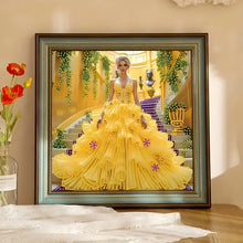 Load image into Gallery viewer, Diamond Painting Set - Elegant Scene of Woman in Yellow Dress on Stairs, Home Wall Decoration, with Special Shaped Rhinestones,

