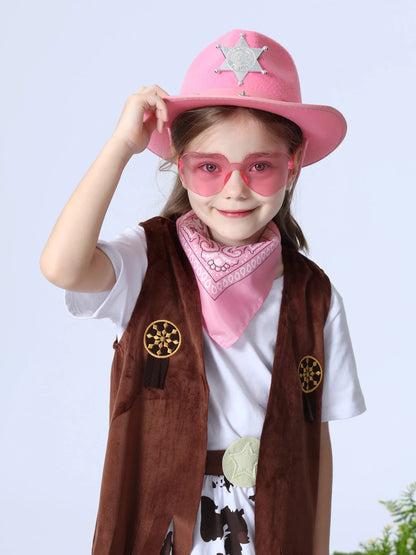Kids Cowboy Hat Girls Pink Cowgirl Hat with Bandana Glasses Western Caps Performance Birthday Party Costume Accessories