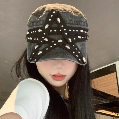 Women's New Hats Sweet Cool Style Five Pointed Star Washed Denim Cap Retro And Aged Y2K Riveted Punk Beret Hat Cute Black Beret