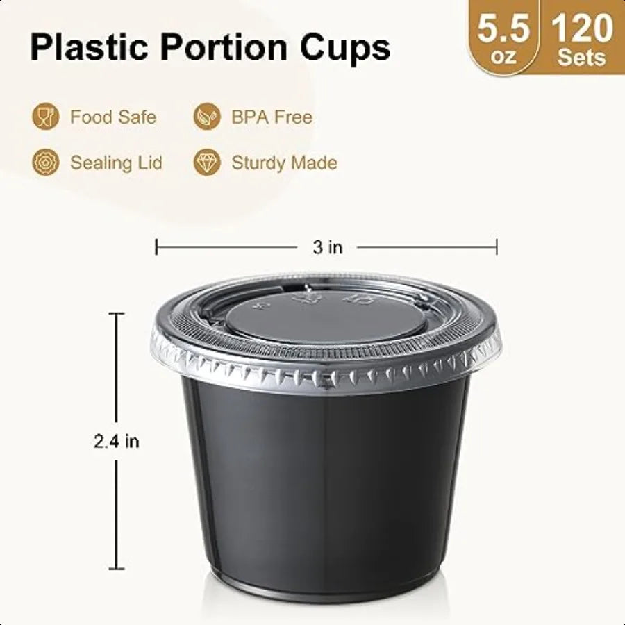 1205.5 oz Black Portion Cups Small Plastic Containers with Lids Airtight and Stackable Souffle Cups Salad Dressing Container Sa