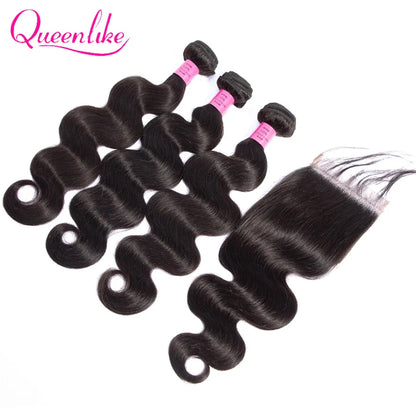 Queenlike 26 28 30 32 inch Body Wave Bundles 100% Human Hair with 4x4/5x5 Lace Closure Brazilian Raw Hair Bundles for Women